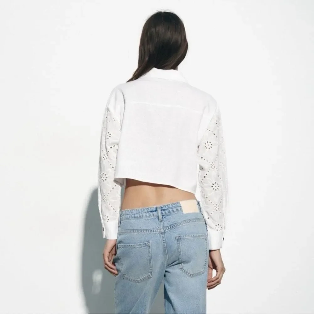 ZARA White Linen Blend Eyelet Long Sleeve Crop Top Size M